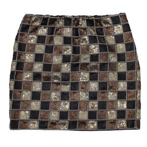 ROMEO & JULIETTE Sequin Mini Skirt Gold Black Brown Check Elastic Waist M